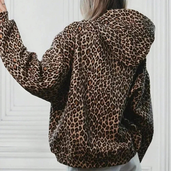 Multicolor Casual Women's Leopard Print Thermal Lined Streetwear Hoodie - Picture 2 of 3